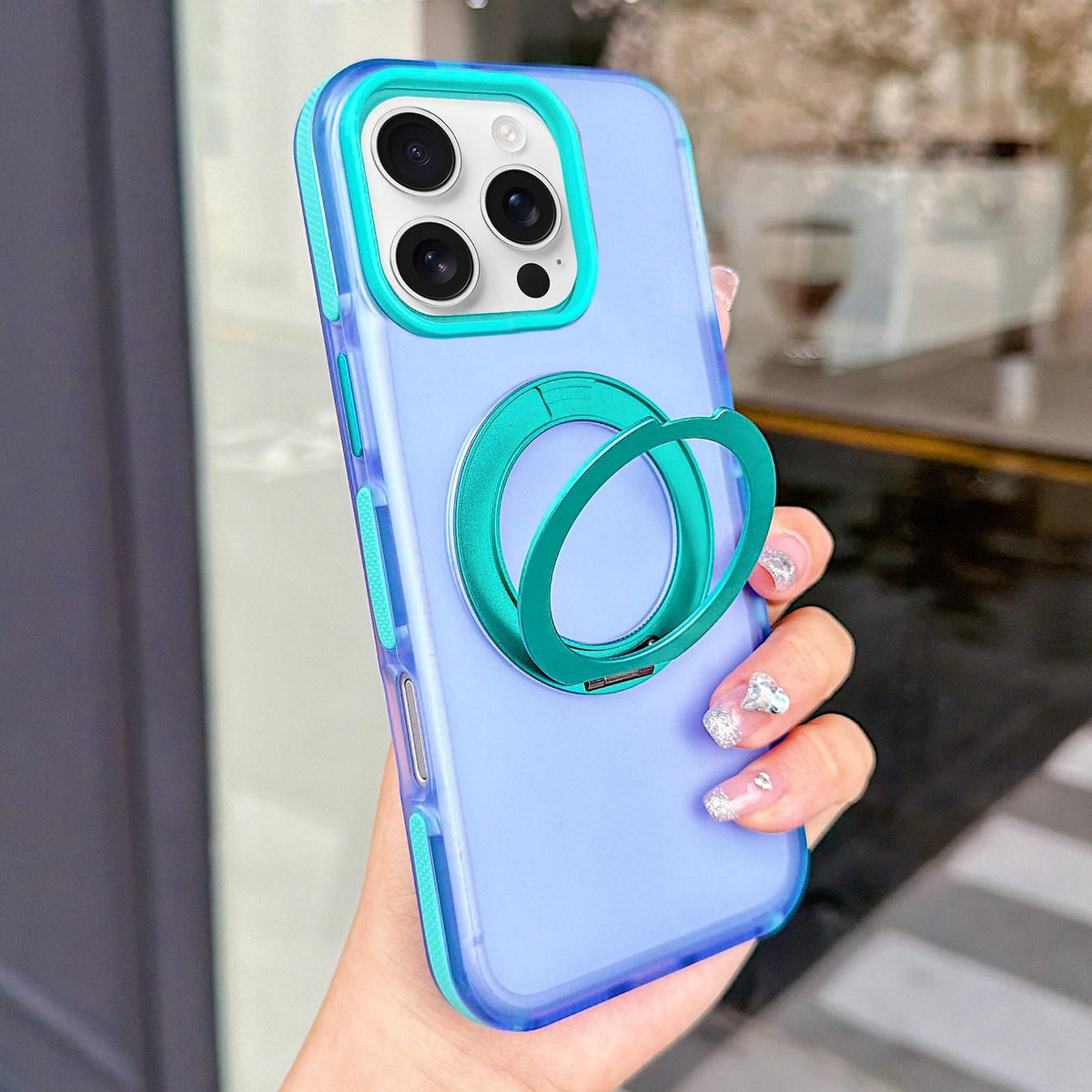 For iPhone 16 Pro Metal 360 Rotating Holder Magnetic PC Phone Case - Purple Blue - EDA009690805E