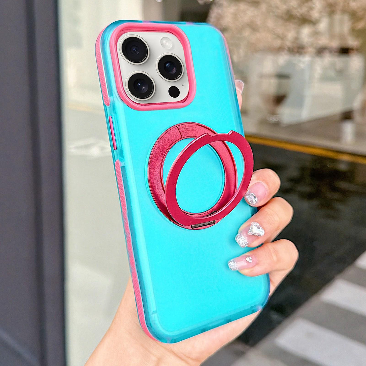 For iPhone 15 Pro Metal 360 Rotating Holder Magnetic PC Phone Case - Sky Blue - EDA009690808B