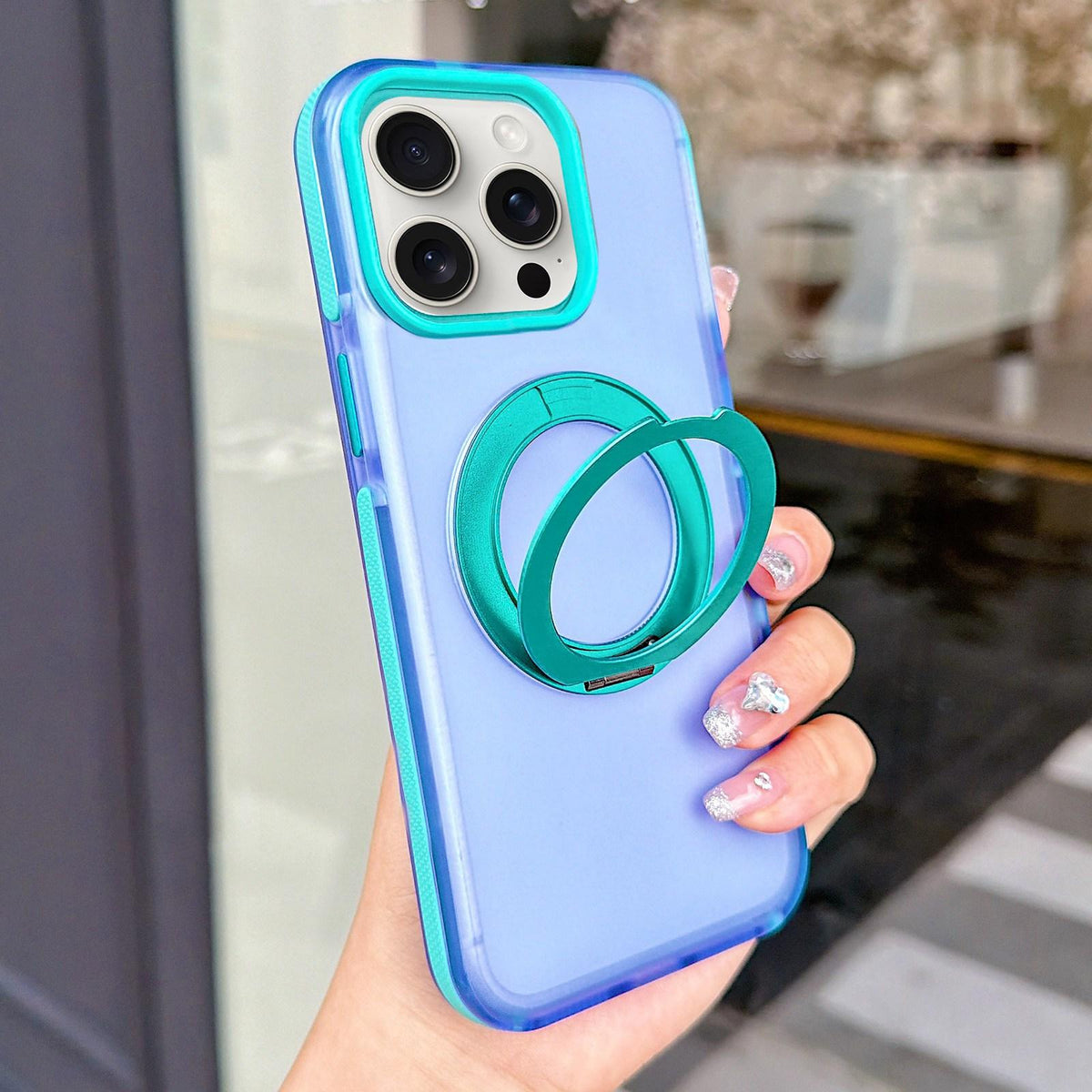 For iPhone 15 Pro Metal 360 Rotating Holder Magnetic PC Phone Case - Purple Blue - EDA009690808E