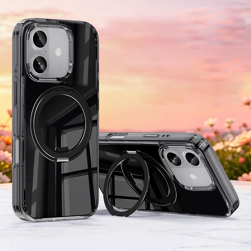 For iPhone 17 Jelly Air Bag Shockproof Metal 360 Rotating Holder Magnetic Phone Case - Black - EDA009690903A