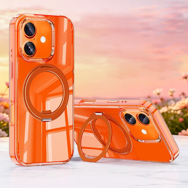 For iPhone 17 Jelly Air Bag Shockproof Metal 360 Rotating Holder Magnetic Phone Case - Orange - EDA009690903C