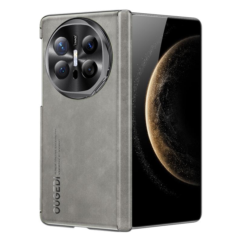 For Huawei Mate X6 Electroplated Nubuck PU Dual-Hinge Lens Holder Magnetic Ring Phone Case - Grey - EDA009691002A