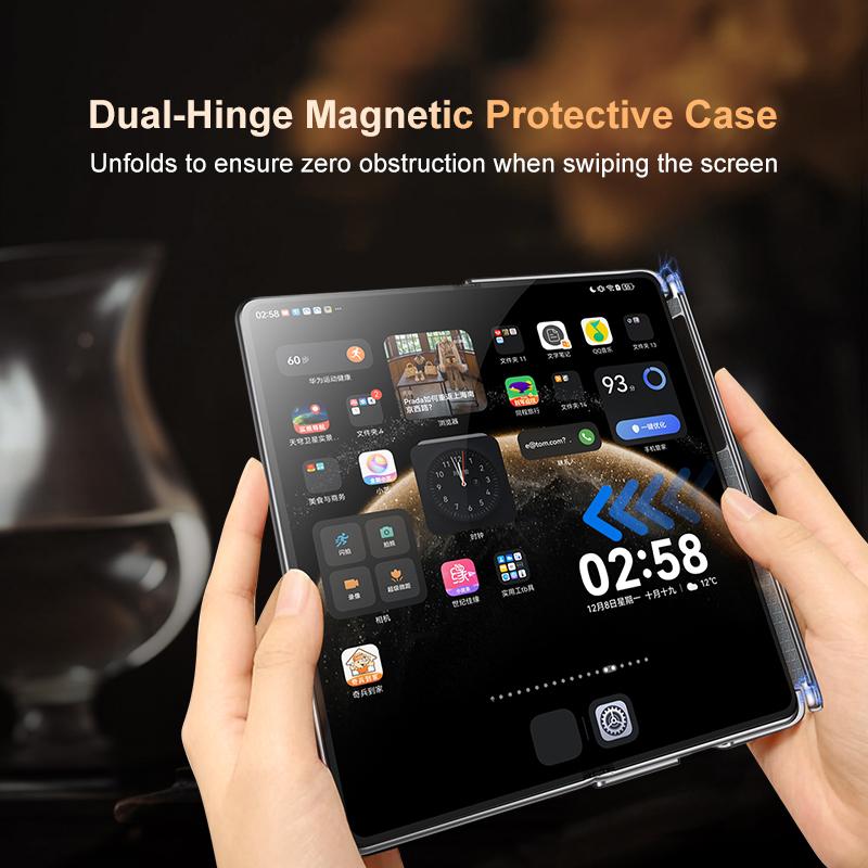 For Huawei Mate X6 Electroplated Nubuck PU Dual-Hinge Lens Holder Magnetic Ring Phone Case - Grey - EDA009691002A