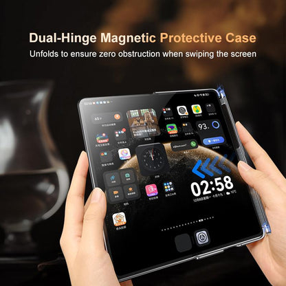 For Huawei Mate X6 Electroplated Nubuck PU Dual-Hinge Lens Holder Magnetic Ring Phone Case - Grey - EDA009691002A