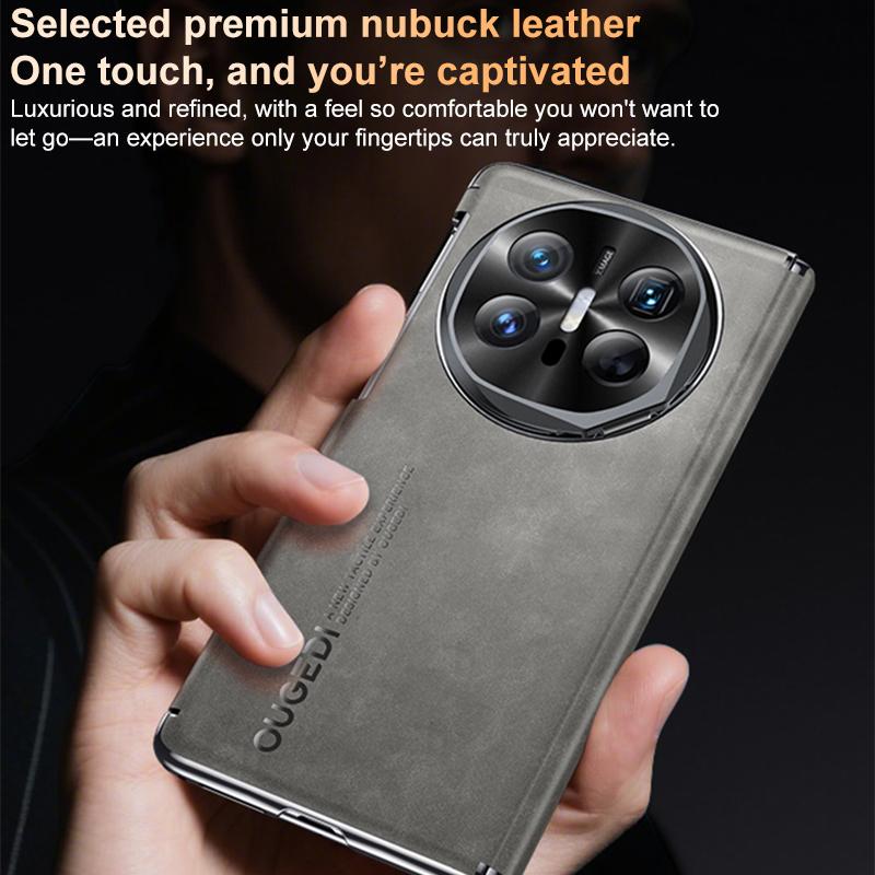 For Huawei Mate X6 Electroplated Nubuck PU Dual-Hinge Lens Holder Magnetic Ring Phone Case - Grey - EDA009691002A