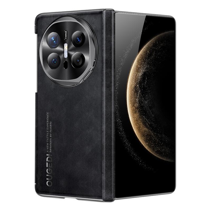 For Huawei Mate X6 Electroplated Nubuck PU Dual-Hinge Lens Holder Magnetic Ring Phone Case - Black - EDA009691002B
