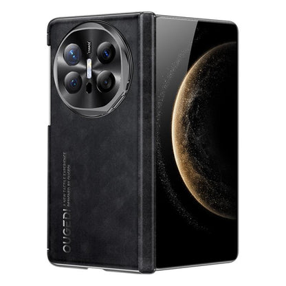 For Huawei Mate X6 Electroplated Nubuck PU Dual-Hinge Lens Holder Magnetic Ring Phone Case - Black - EDA009691002B