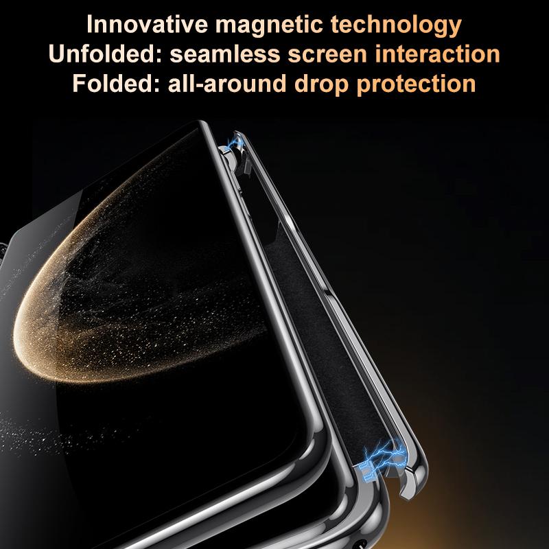 For Huawei Mate X6 Electroplated Nubuck PU Dual-Hinge Lens Holder Magnetic Ring Phone Case - Black - EDA009691002B