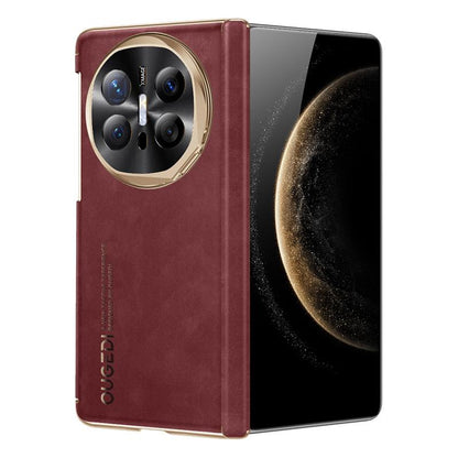 For Huawei Mate X6 Electroplated Nubuck PU Dual-Hinge Lens Holder Magnetic Ring Phone Case - Red - EDA009691002C