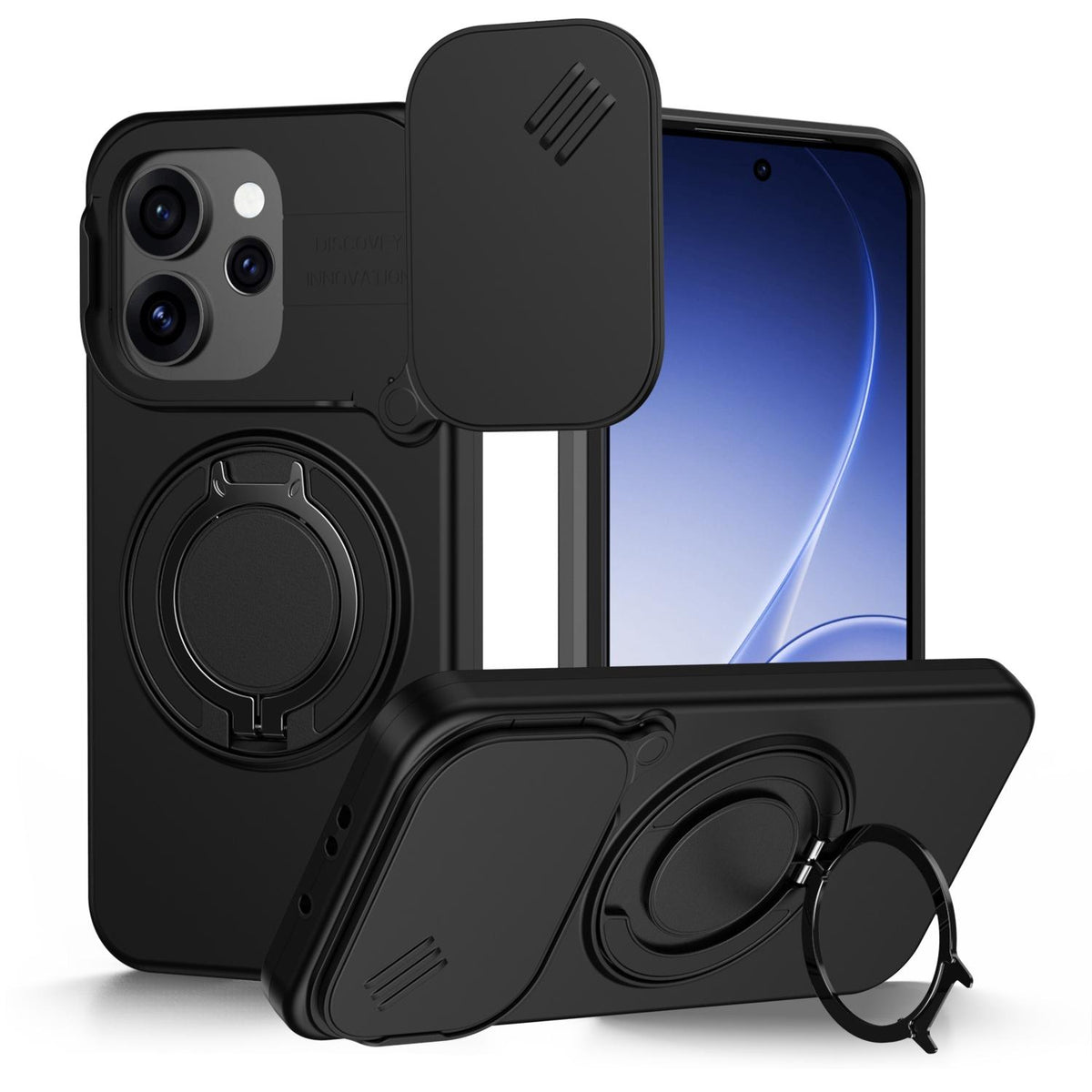 For OPPO Reno15 5G Global Camera Sliding Shield Magnetic Rotation Holder Phone Case - Black - EDA009691201A
