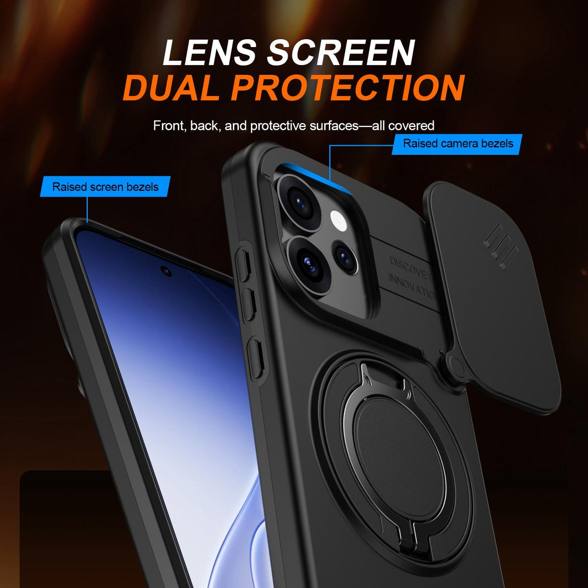 For OPPO Reno15 5G Global Camera Sliding Shield Magnetic Rotation Holder Phone Case - Black - EDA009691201A