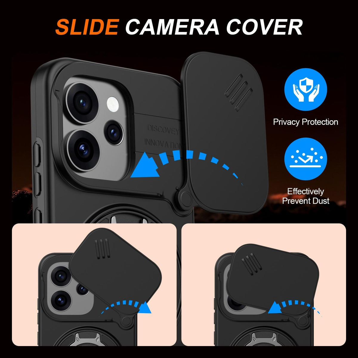 For OPPO Reno15 5G Global Camera Sliding Shield Magnetic Rotation Holder Phone Case - Black - EDA009691201A