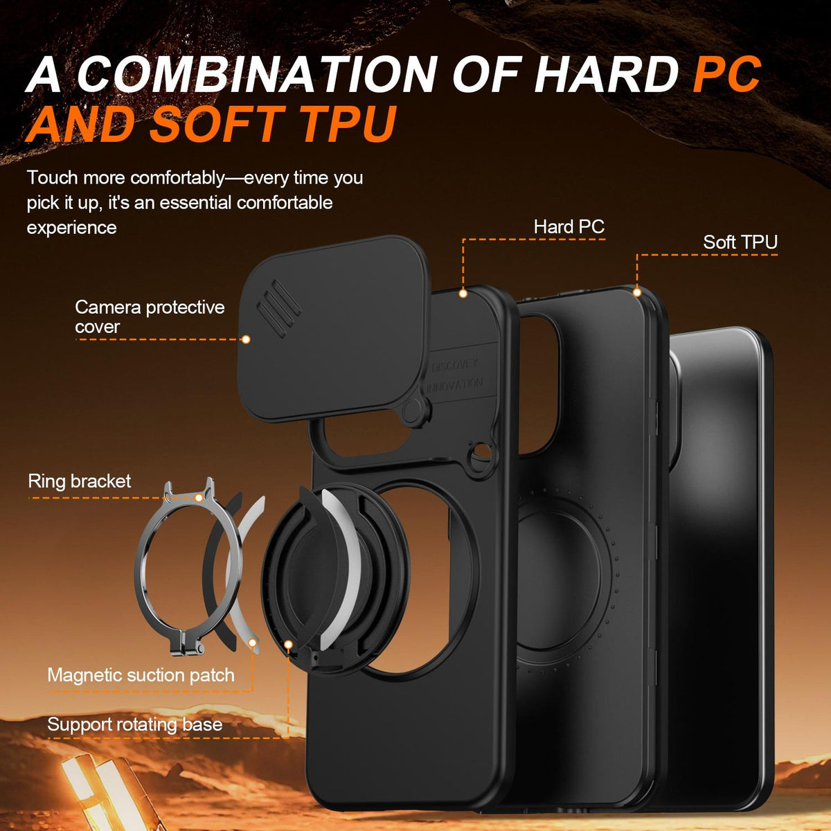 For OPPO Reno15 5G Global Camera Sliding Shield Magnetic Rotation Holder Phone Case - Black - EDA009691201A