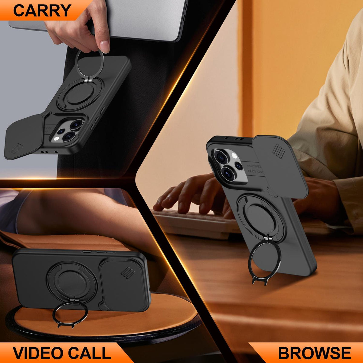 For OPPO Reno15 5G Global Camera Sliding Shield Magnetic Rotation Holder Phone Case - Black - EDA009691201A