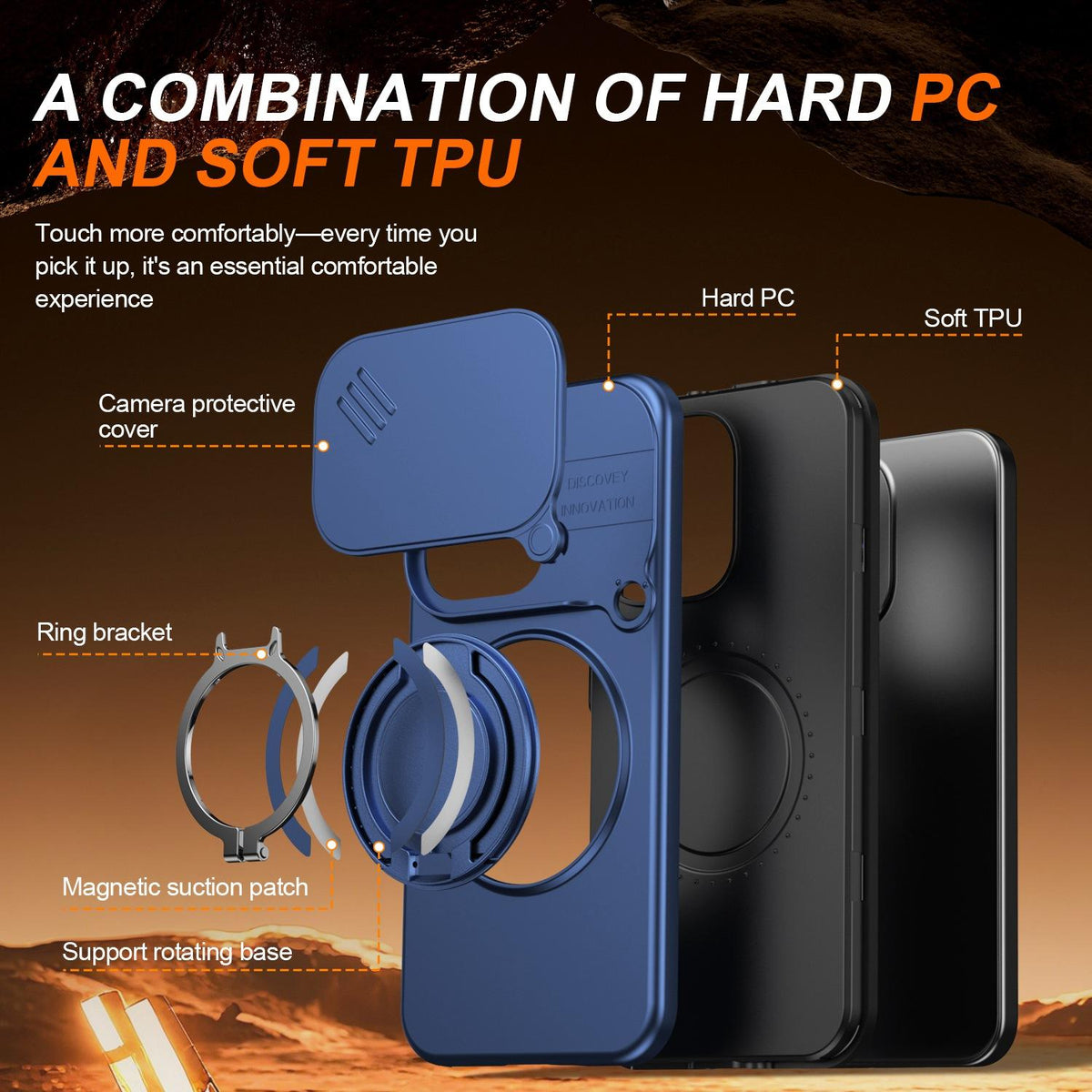 For OPPO Reno15 5G Global Camera Sliding Shield Magnetic Rotation Holder Phone Case - Blue - EDA009691201B