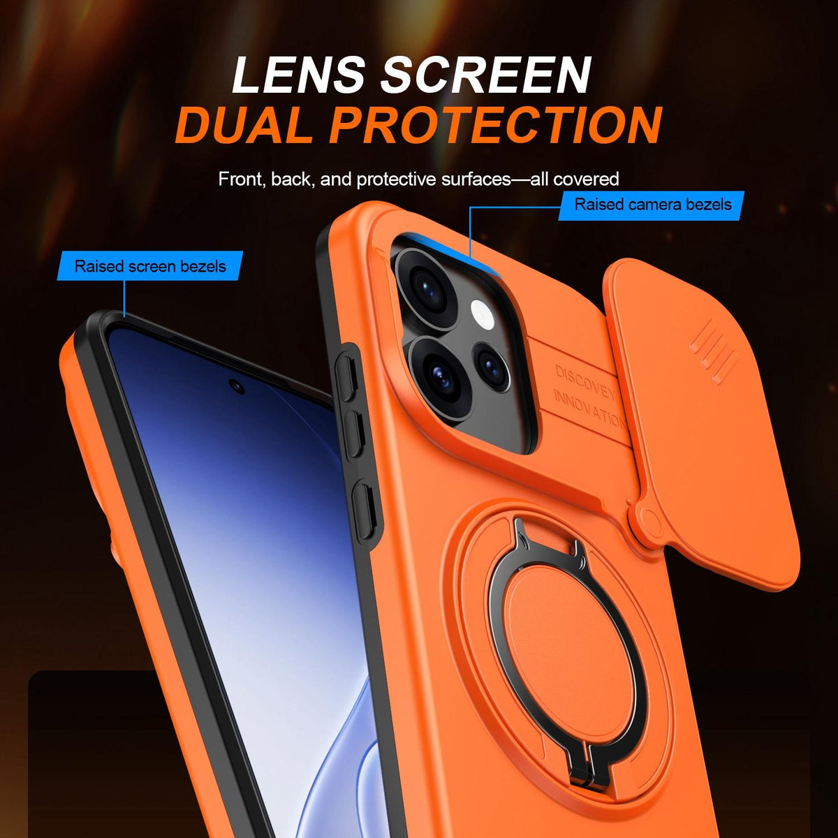 For OPPO Reno15 5G Global Camera Sliding Shield Magnetic Rotation Holder Phone Case - Orange - EDA009691201C