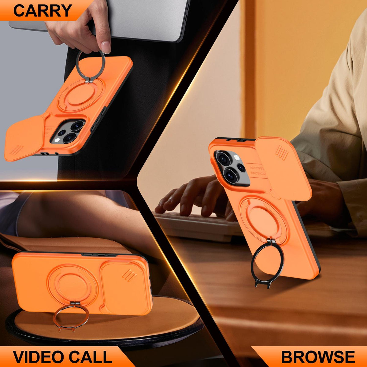 For OPPO Reno15 5G Global Camera Sliding Shield Magnetic Rotation Holder Phone Case - Orange - EDA009691201C