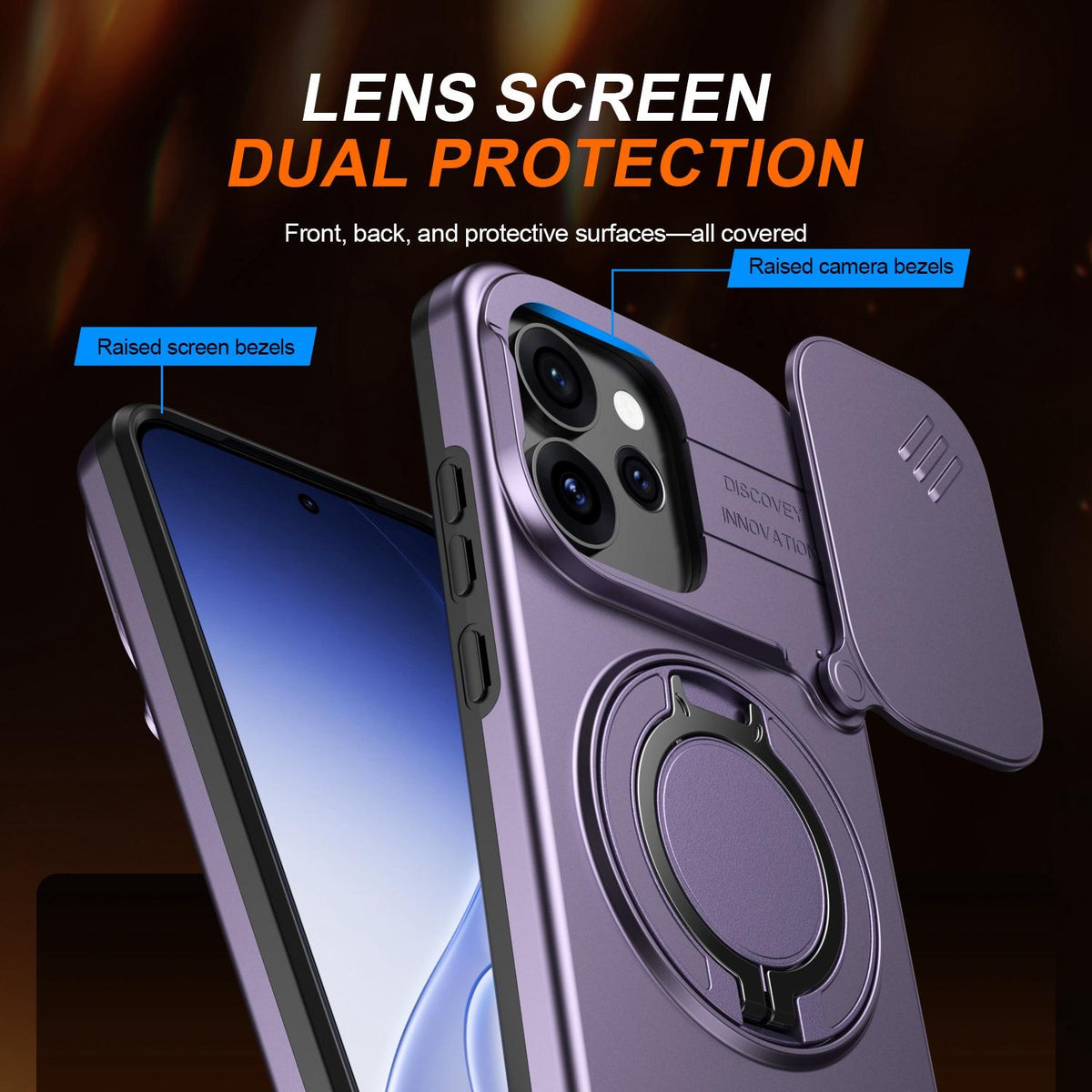 For OPPO Reno15 5G Global Camera Sliding Shield Magnetic Rotation Holder Phone Case - Purple - EDA009691201D