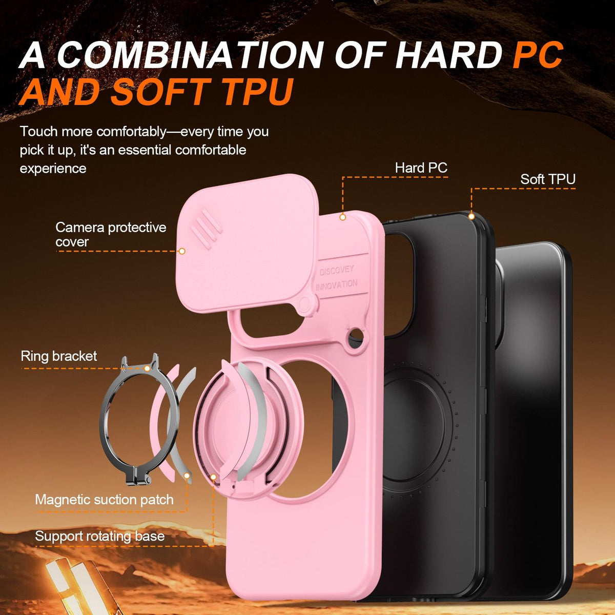 For OPPO Reno15 5G Global Camera Sliding Shield Magnetic Rotation Holder Phone Case - Pink - EDA009691201E