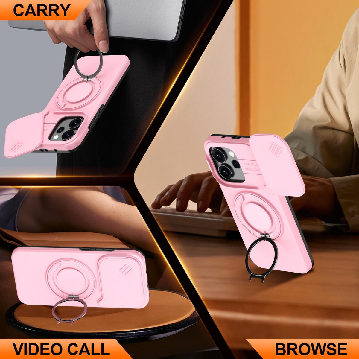 For OPPO Reno15 5G Global Camera Sliding Shield Magnetic Rotation Holder Phone Case - Pink - EDA009691201E