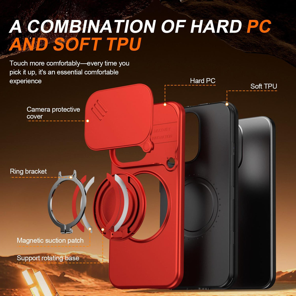 For OPPO Reno15 5G Global Camera Sliding Shield Magnetic Rotation Holder Phone Case - Red - EDA009691201F