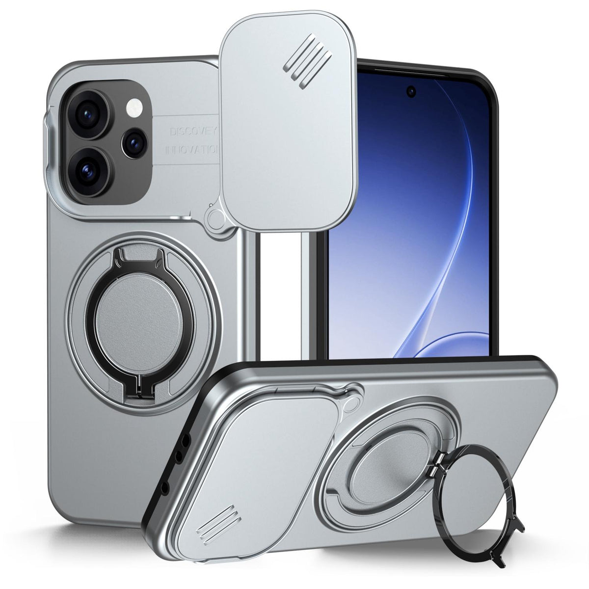 For OPPO Reno15 5G Global Camera Sliding Shield Magnetic Rotation Holder Phone Case - Silver - EDA009691201G