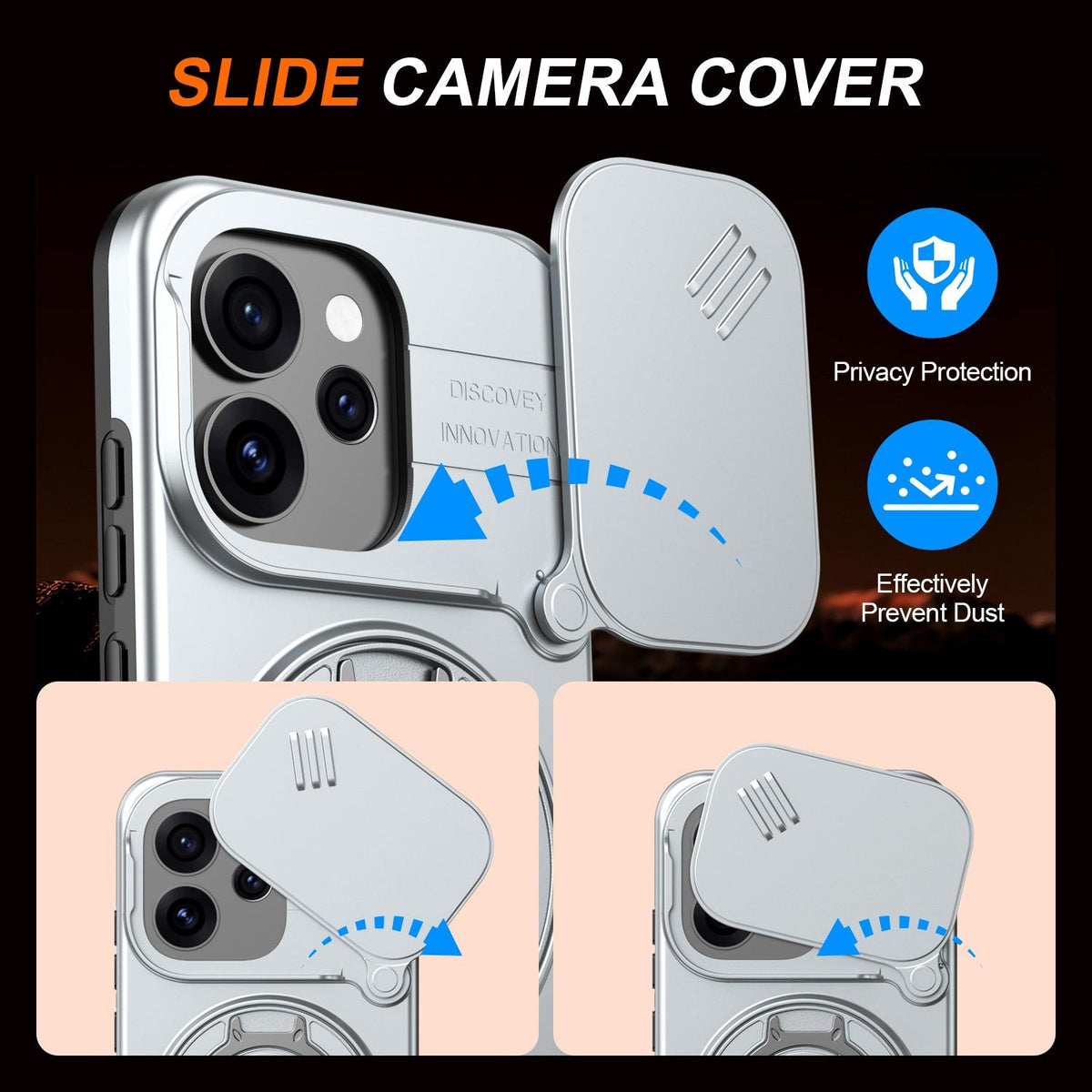 For OPPO Reno15 5G Global Camera Sliding Shield Magnetic Rotation Holder Phone Case - Silver - EDA009691201G