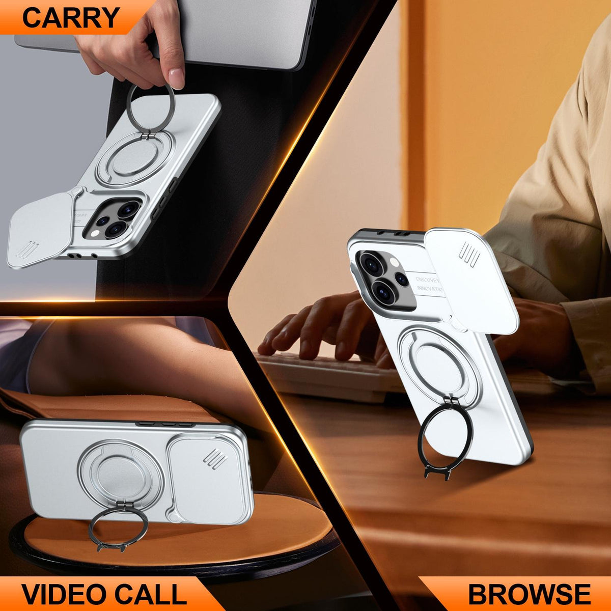 For OPPO Reno15 5G Global Camera Sliding Shield Magnetic Rotation Holder Phone Case - Silver - EDA009691201G