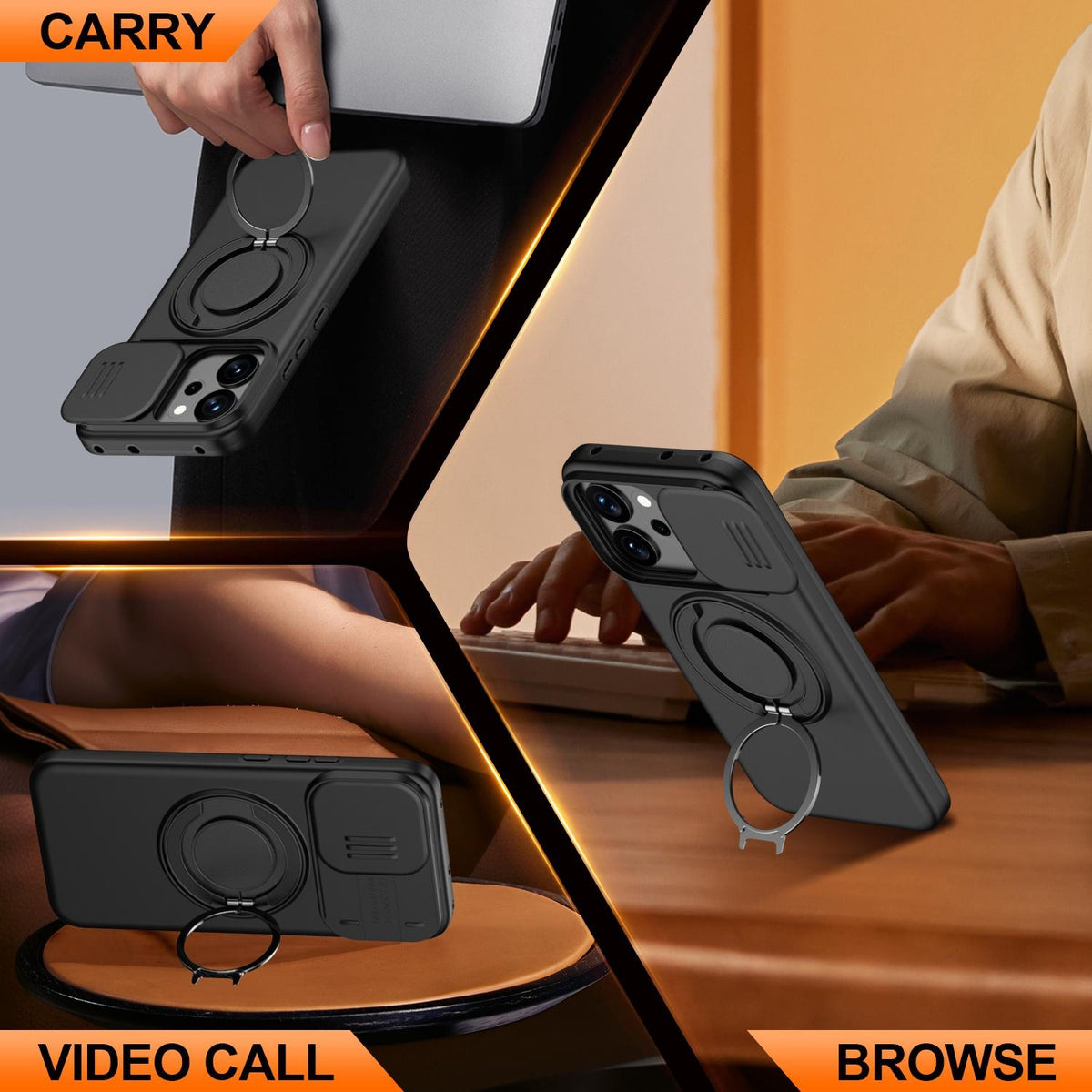 For OPPO Reno14 F 5G Camera Sliding Shield Magnetic Rotation Holder Phone Case - Black - EDA009691203A