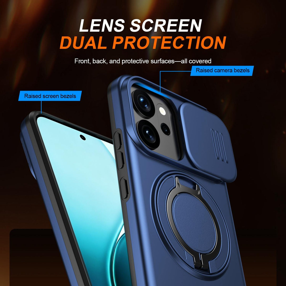 For OPPO Reno14 F 5G Camera Sliding Shield Magnetic Rotation Holder Phone Case - Blue - EDA009691203B
