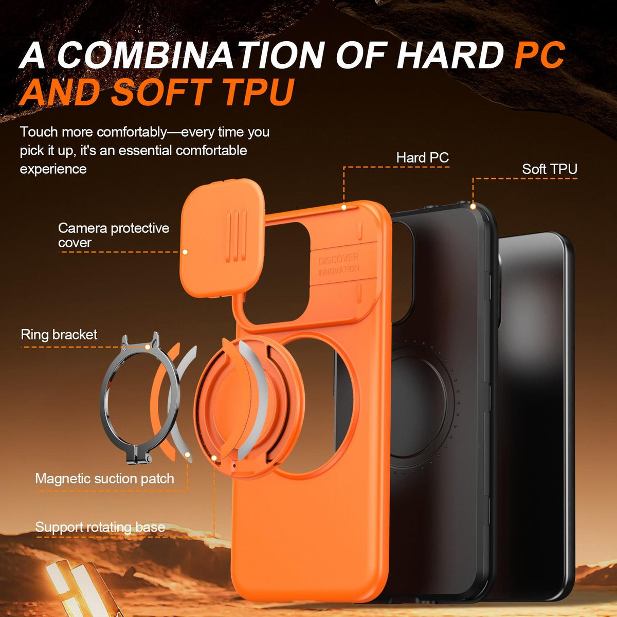 For OPPO Reno14 F 5G Camera Sliding Shield Magnetic Rotation Holder Phone Case - Orange - EDA009691203C