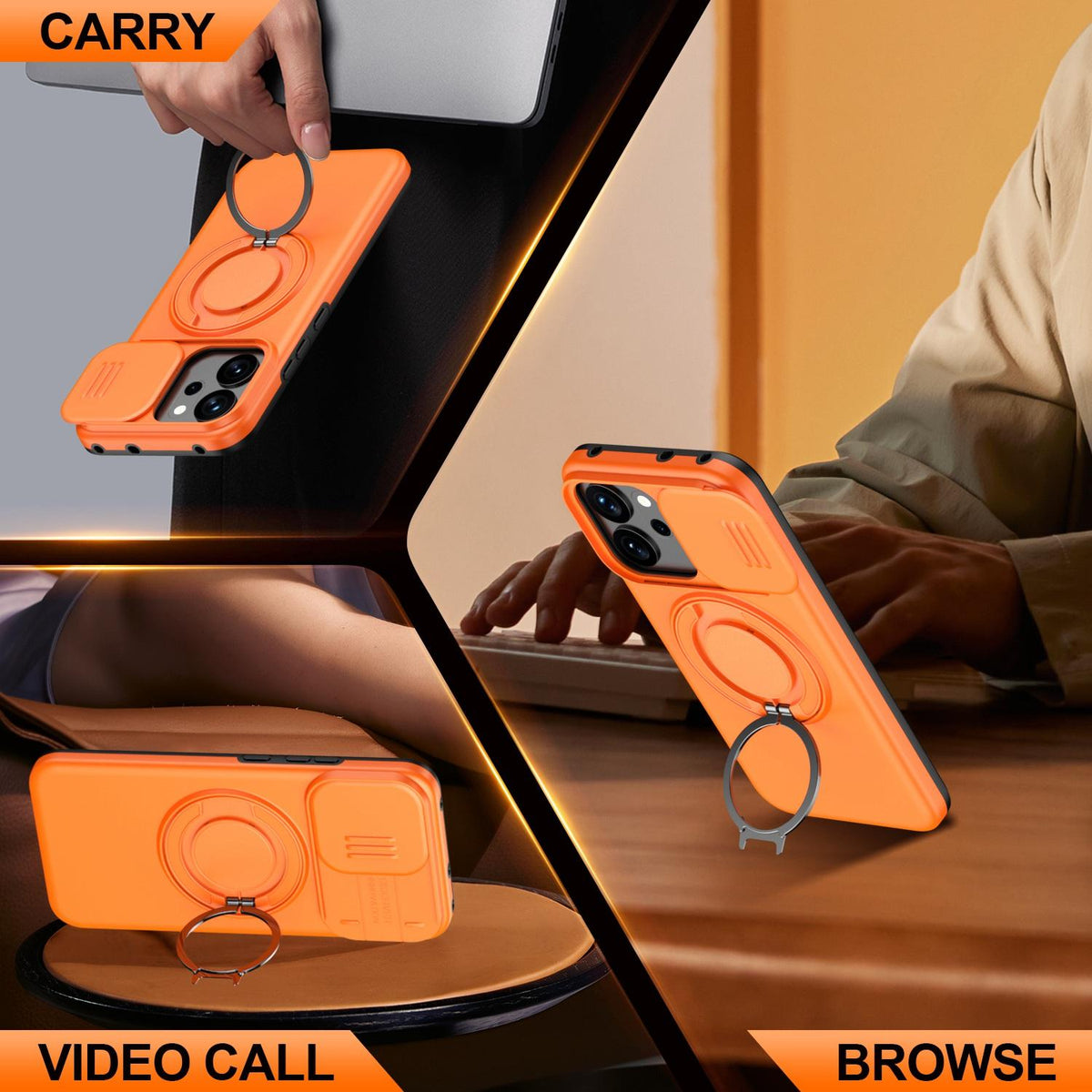 For OPPO Reno14 F 5G Camera Sliding Shield Magnetic Rotation Holder Phone Case - Orange - EDA009691203C