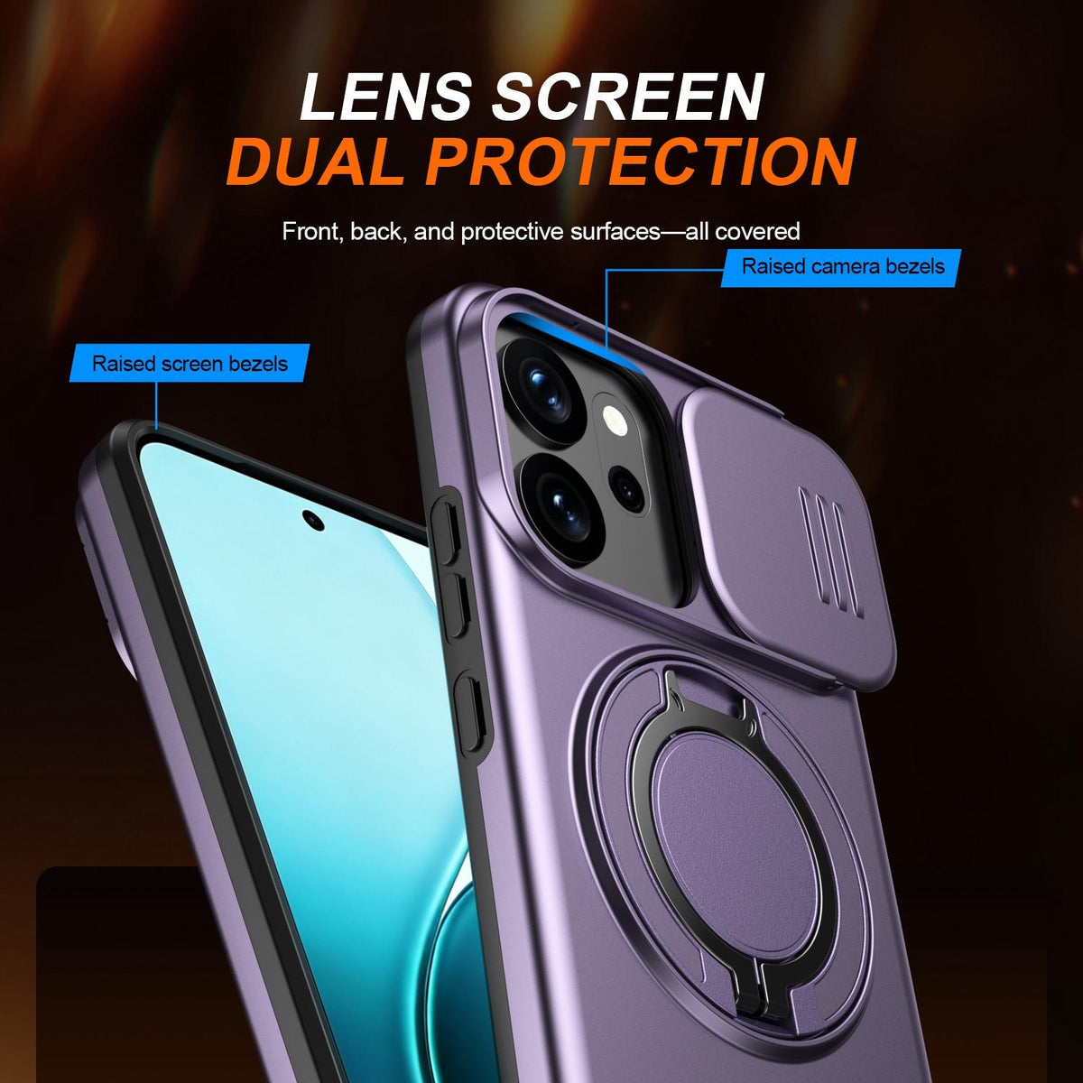 For OPPO Reno14 F 5G Camera Sliding Shield Magnetic Rotation Holder Phone Case - Purple - EDA009691203D