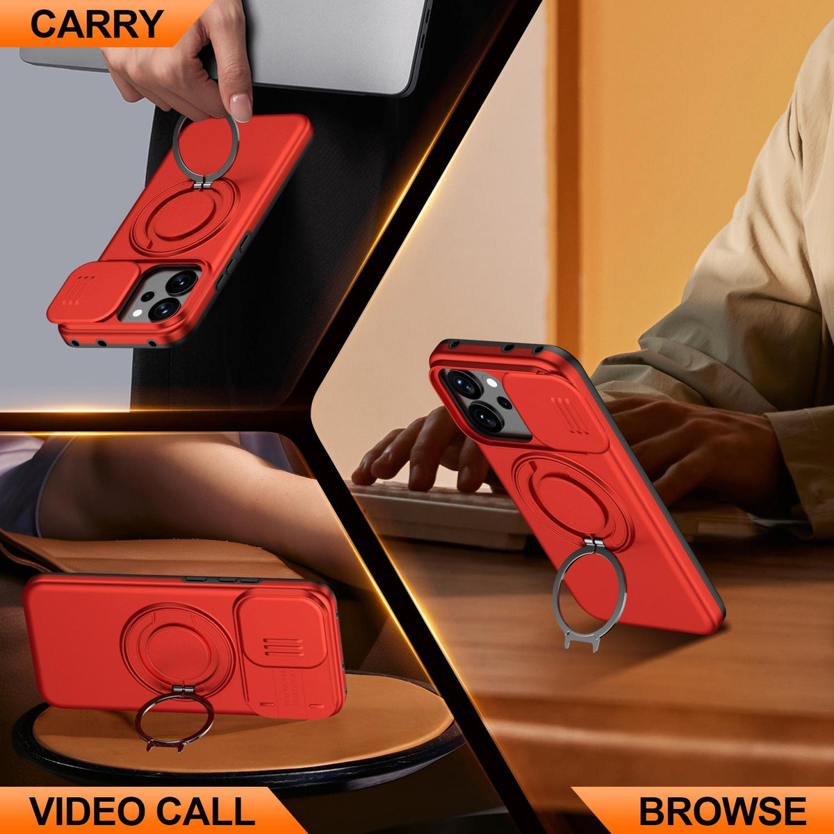For OPPO Reno14 F 5G Camera Sliding Shield Magnetic Rotation Holder Phone Case - Red - EDA009691203F