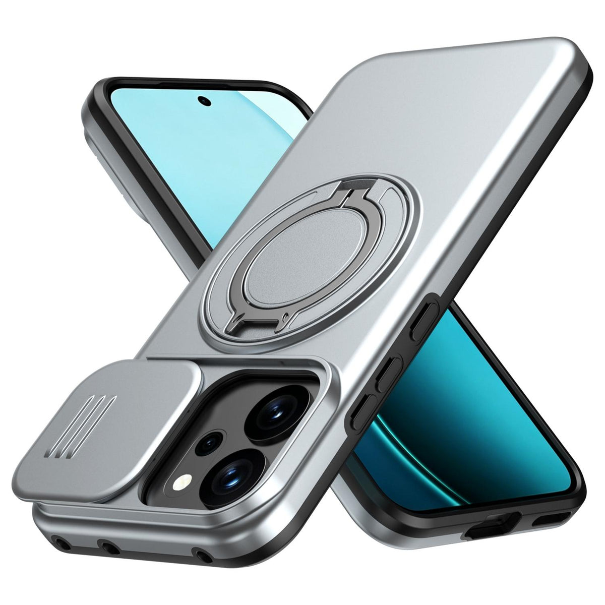For OPPO Reno14 F 5G Camera Sliding Shield Magnetic Rotation Holder Phone Case - Silver - EDA009691203G