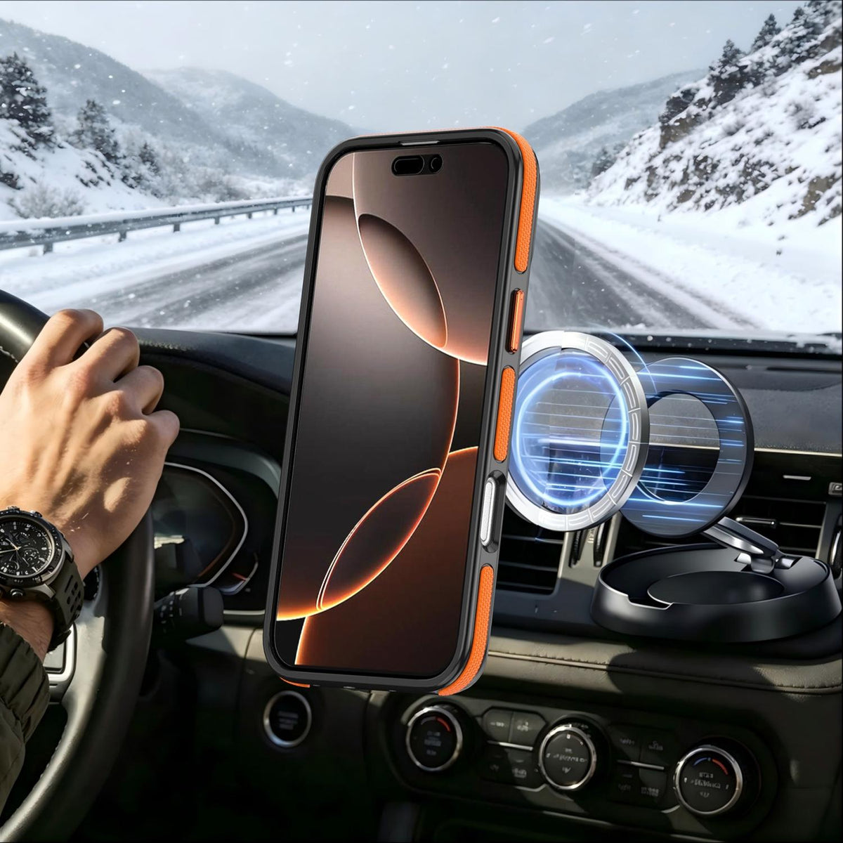 For iPhone 16 Pro Max Dual Color Skin Feel 360 Degree Rotation Holder Magnetic Phone Case - Orange - EDA009691505A