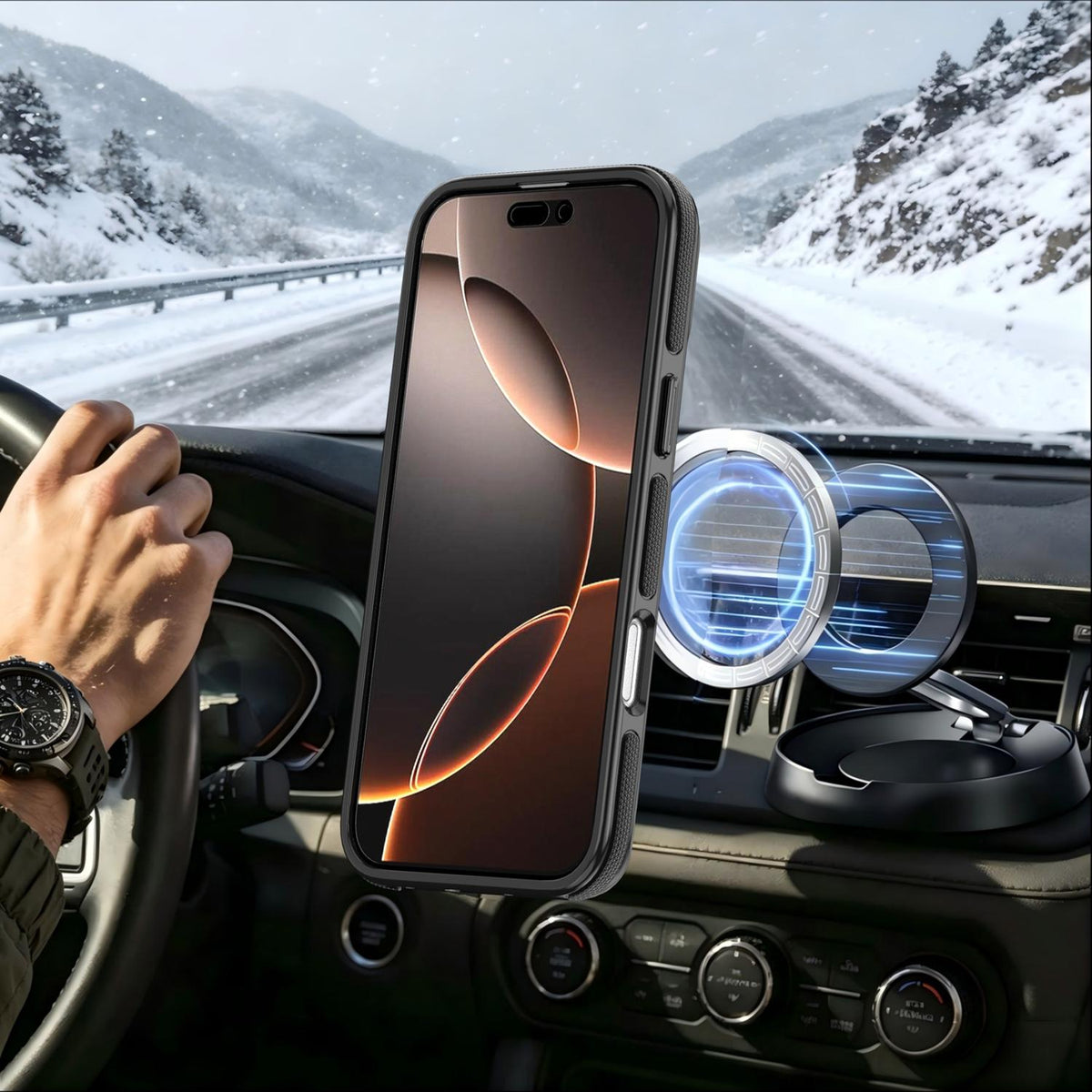 For iPhone 16 Pro Max Dual Color Skin Feel 360 Degree Rotation Holder Magnetic Phone Case - Black - EDA009691505B