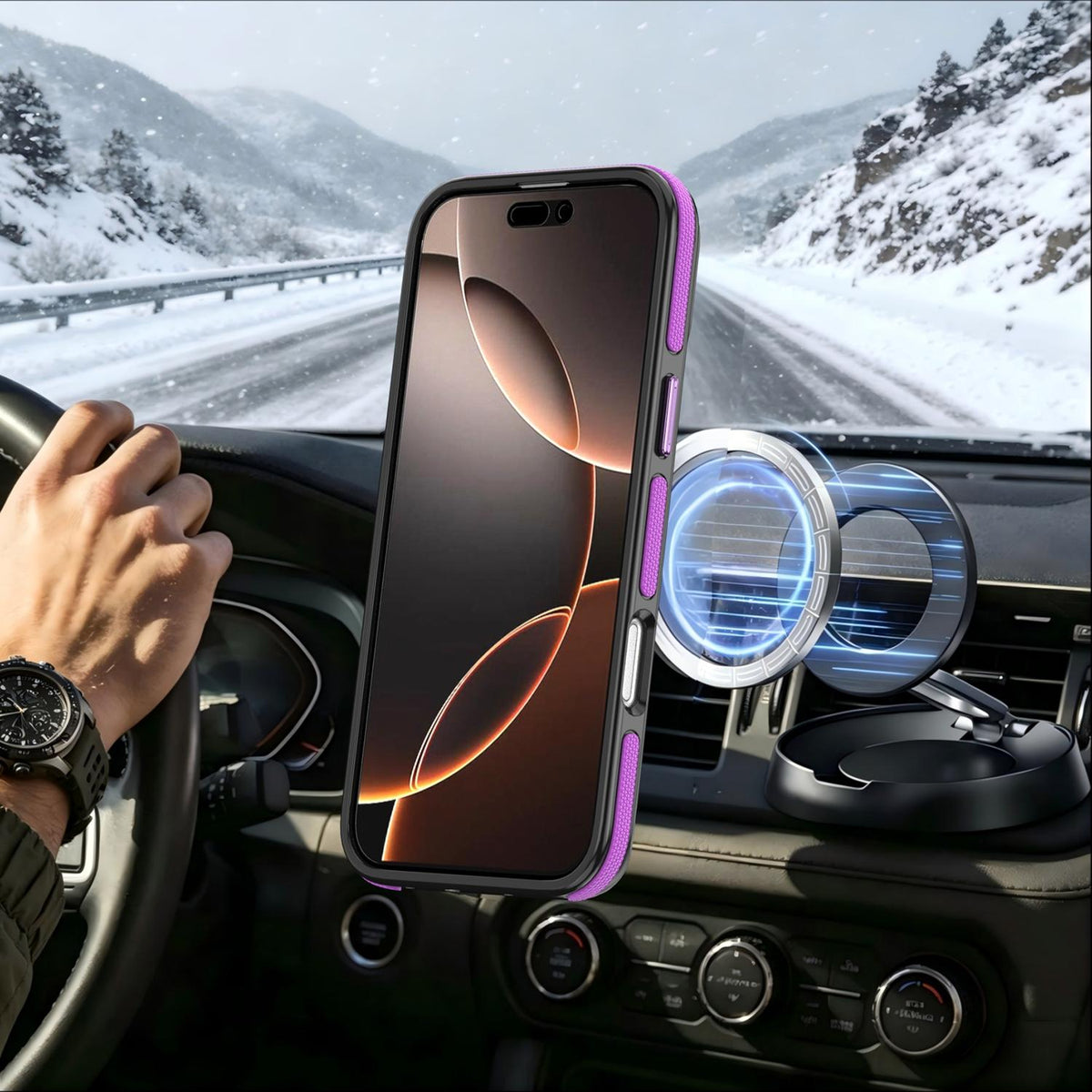 For iPhone 16 Pro Max Dual Color Skin Feel 360 Degree Rotation Holder Magnetic Phone Case - Purple - EDA009691505D