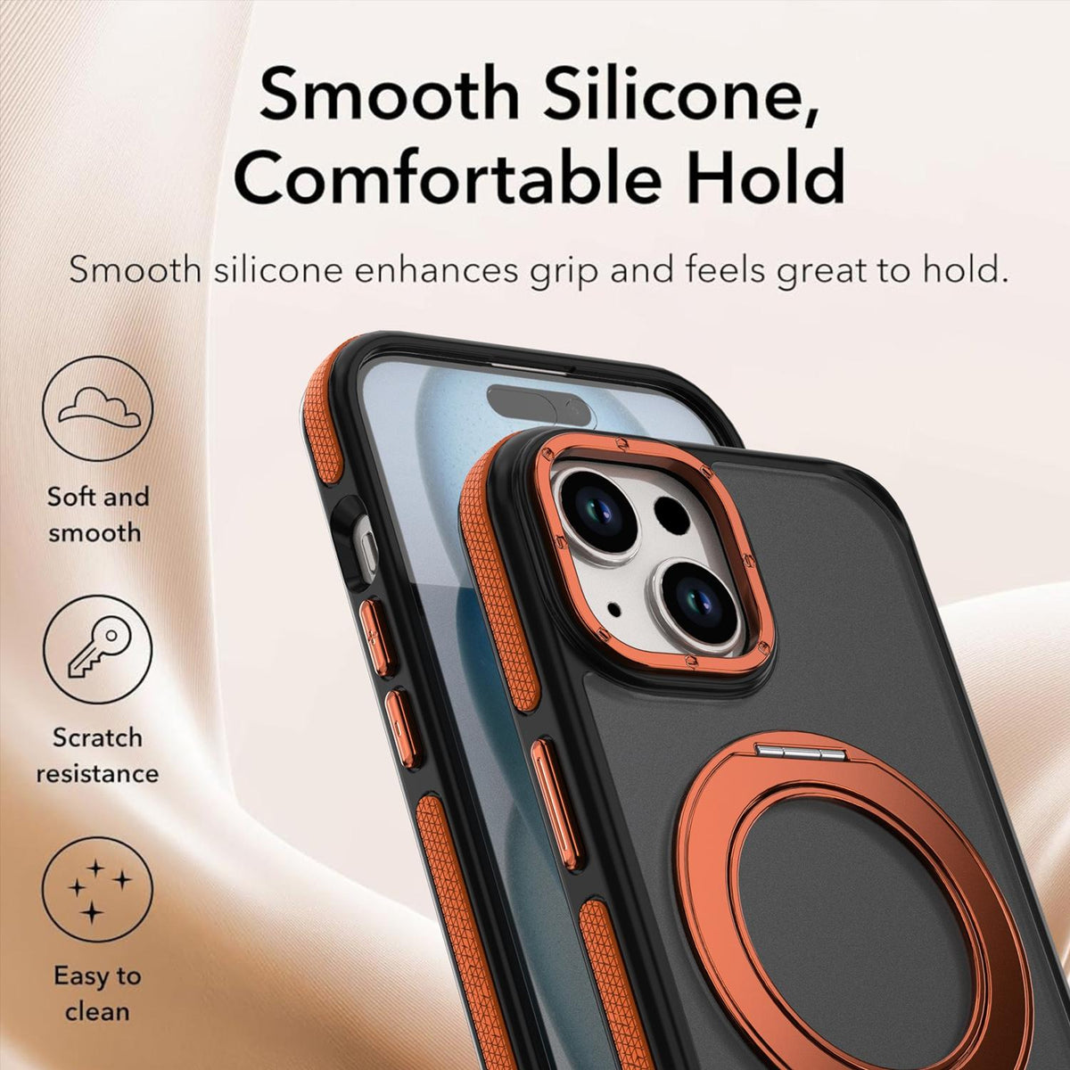 For iPhone 15 Plus / 14 Plus Dual Color Skin Feel 360 Degree Rotation Holder Magnetic Phone Case - Orange - EDA009691511A