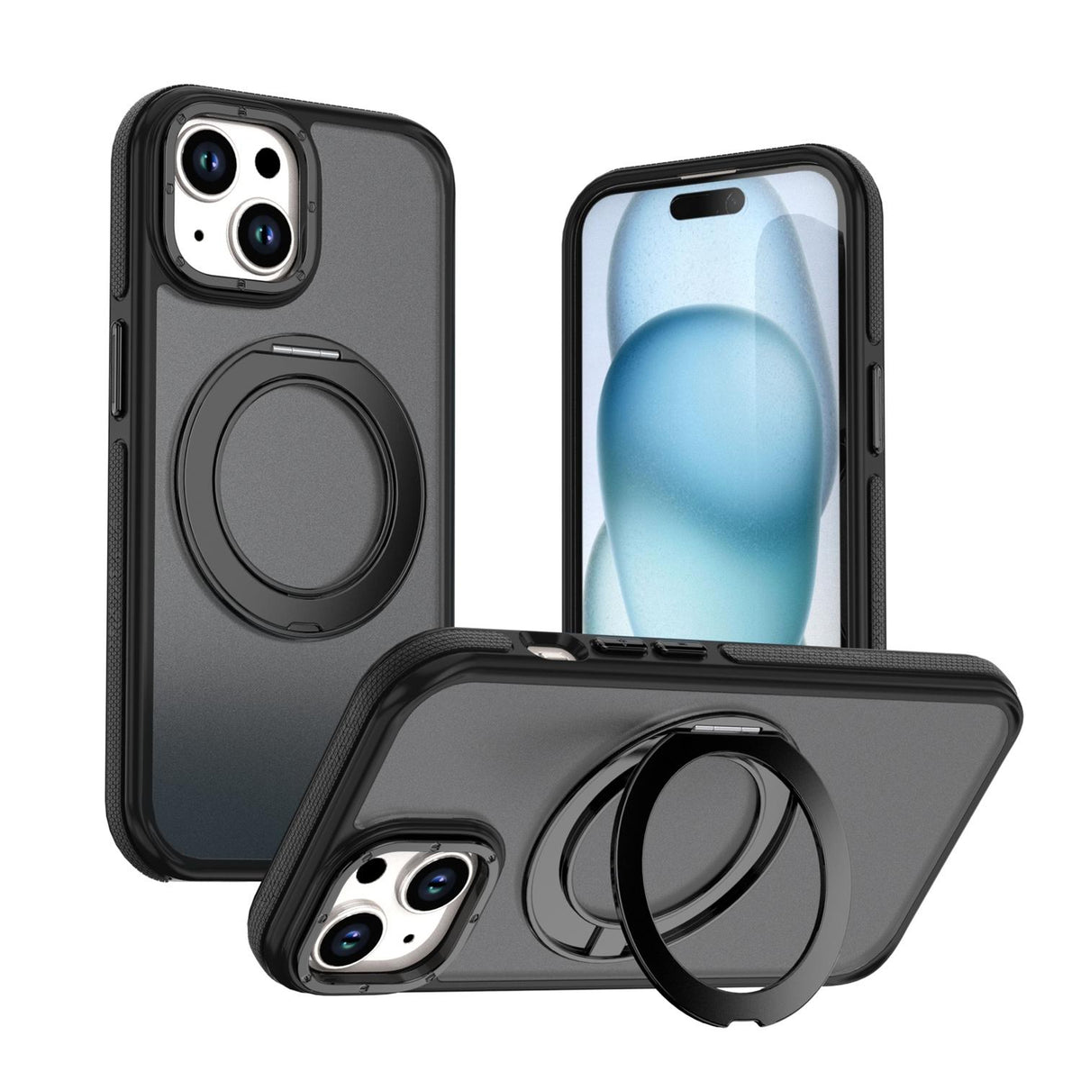 For iPhone 15 Plus / 14 Plus Dual Color Skin Feel 360 Degree Rotation Holder Magnetic Phone Case - Black - EDA009691511B
