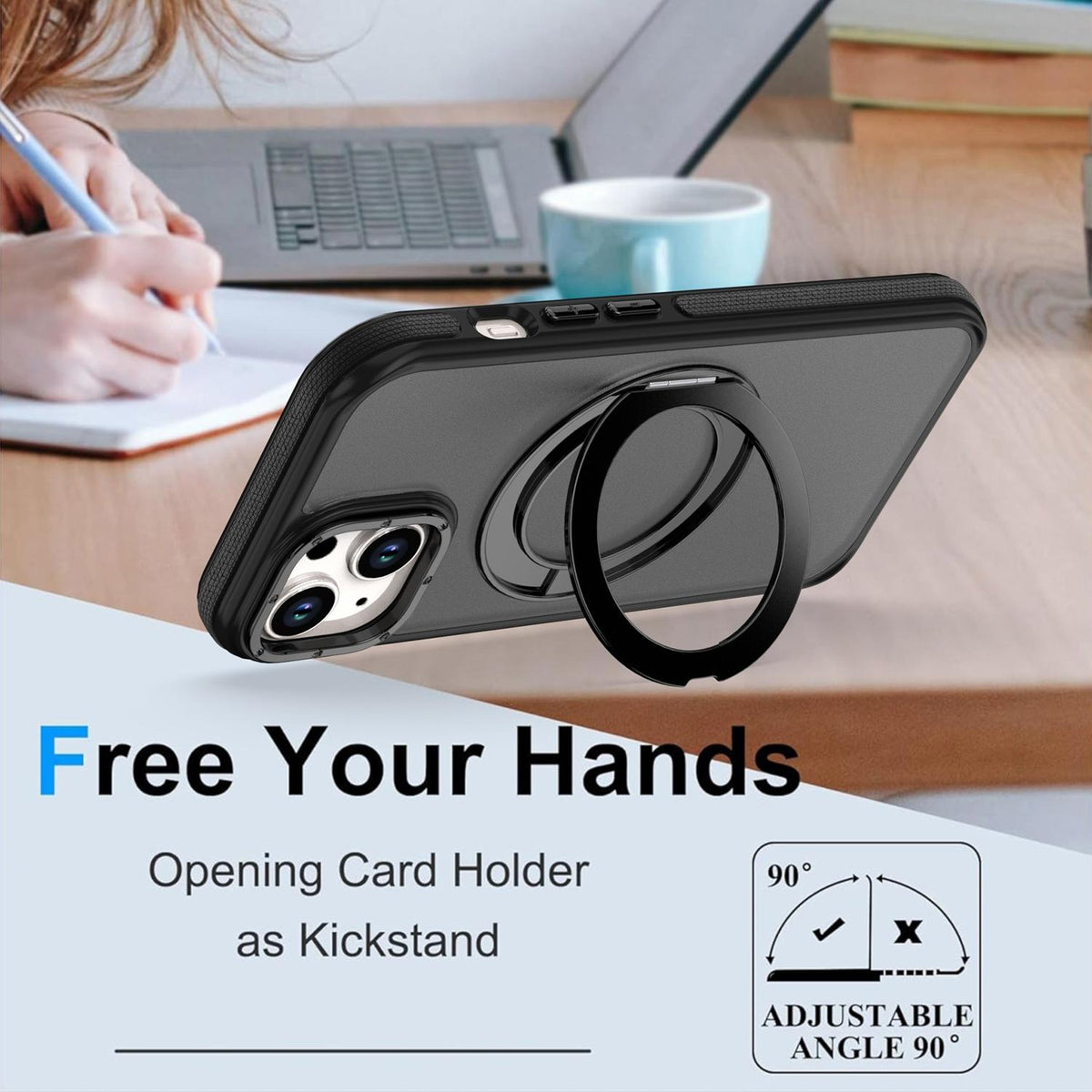 For iPhone 15 Plus / 14 Plus Dual Color Skin Feel 360 Degree Rotation Holder Magnetic Phone Case - Black - EDA009691511B