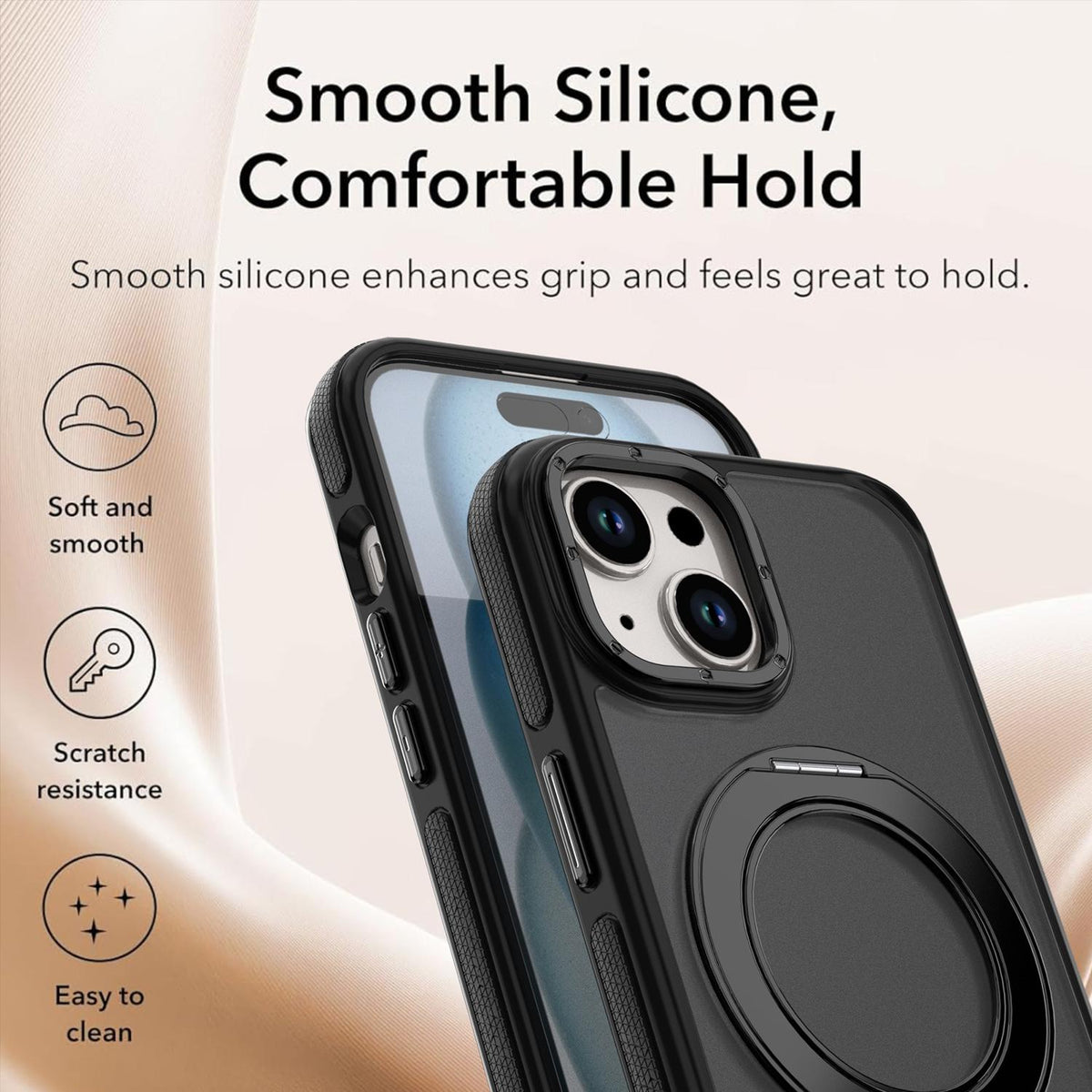 For iPhone 15 Plus / 14 Plus Dual Color Skin Feel 360 Degree Rotation Holder Magnetic Phone Case - Black - EDA009691511B