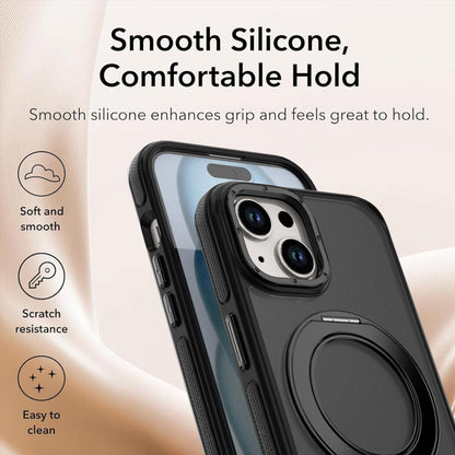 For iPhone 15 Plus / 14 Plus Dual Color Skin Feel 360 Degree Rotation Holder Magnetic Phone Case - Black - EDA009691511B