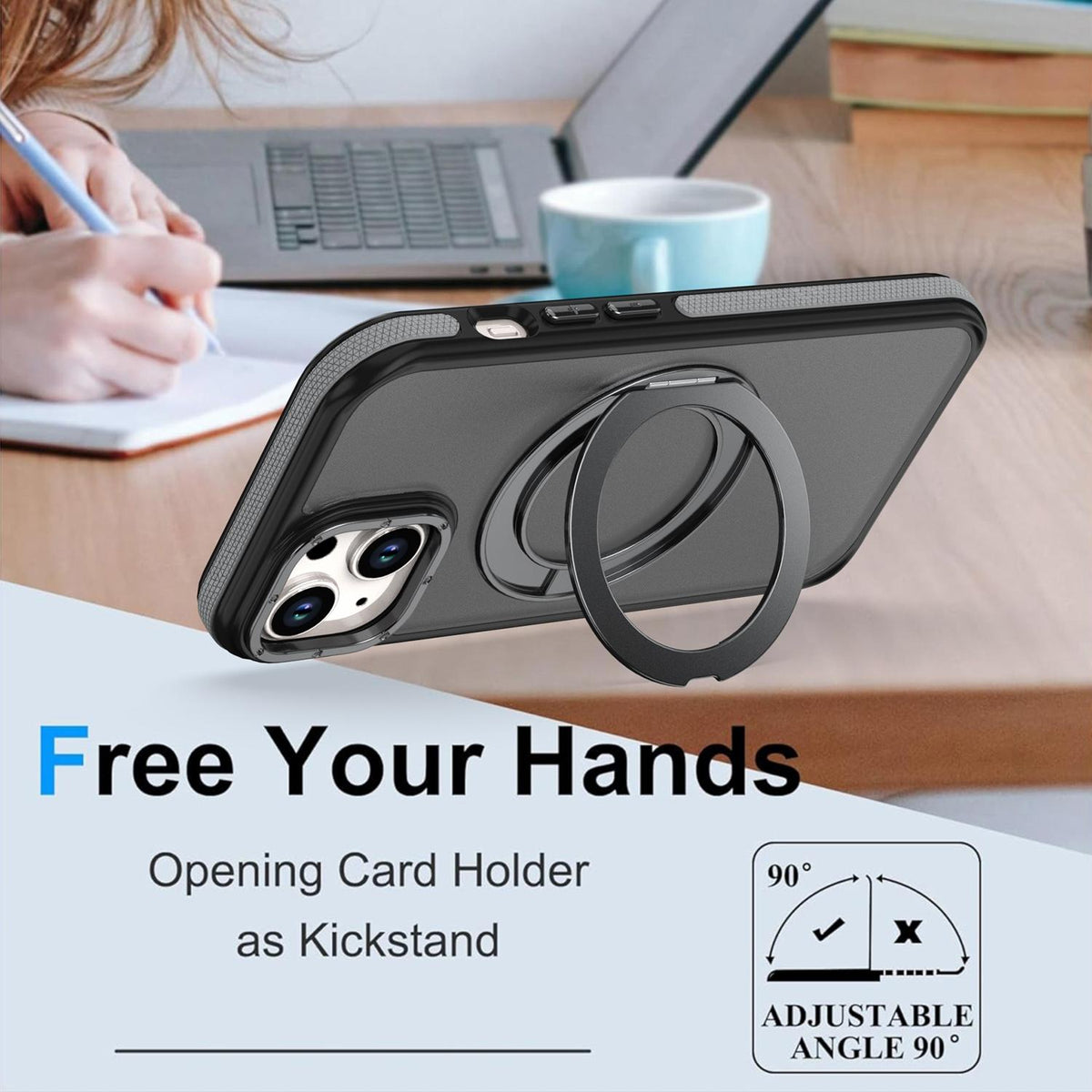 For iPhone 15 Plus / 14 Plus Dual Color Skin Feel 360 Degree Rotation Holder Magnetic Phone Case - Grey - EDA009691511C
