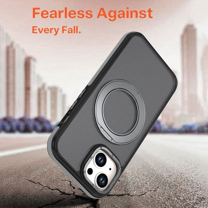 For iPhone 15 Plus / 14 Plus Dual Color Skin Feel 360 Degree Rotation Holder Magnetic Phone Case - Grey - EDA009691511C