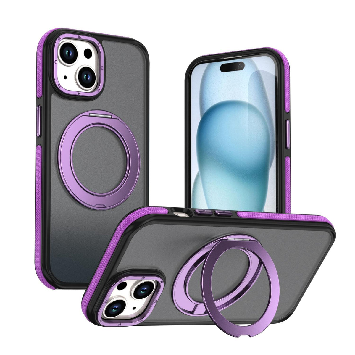 For iPhone 15 Plus / 14 Plus Dual Color Skin Feel 360 Degree Rotation Holder Magnetic Phone Case - Purple - EDA009691511D
