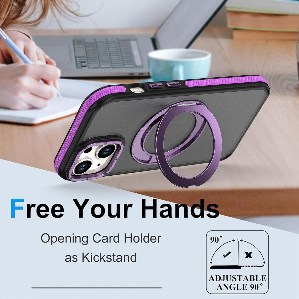 For iPhone 15 Plus / 14 Plus Dual Color Skin Feel 360 Degree Rotation Holder Magnetic Phone Case - Purple - EDA009691511D