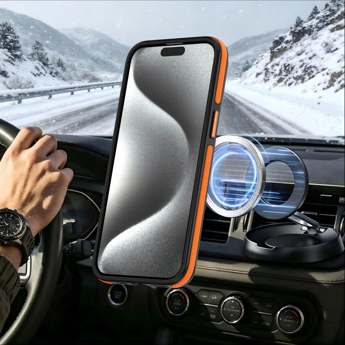 For iPhone 13 Pro Max Dual Color Skin Feel 360 Degree Rotation Holder Magnetic Phone Case - Orange - EDA009691516A