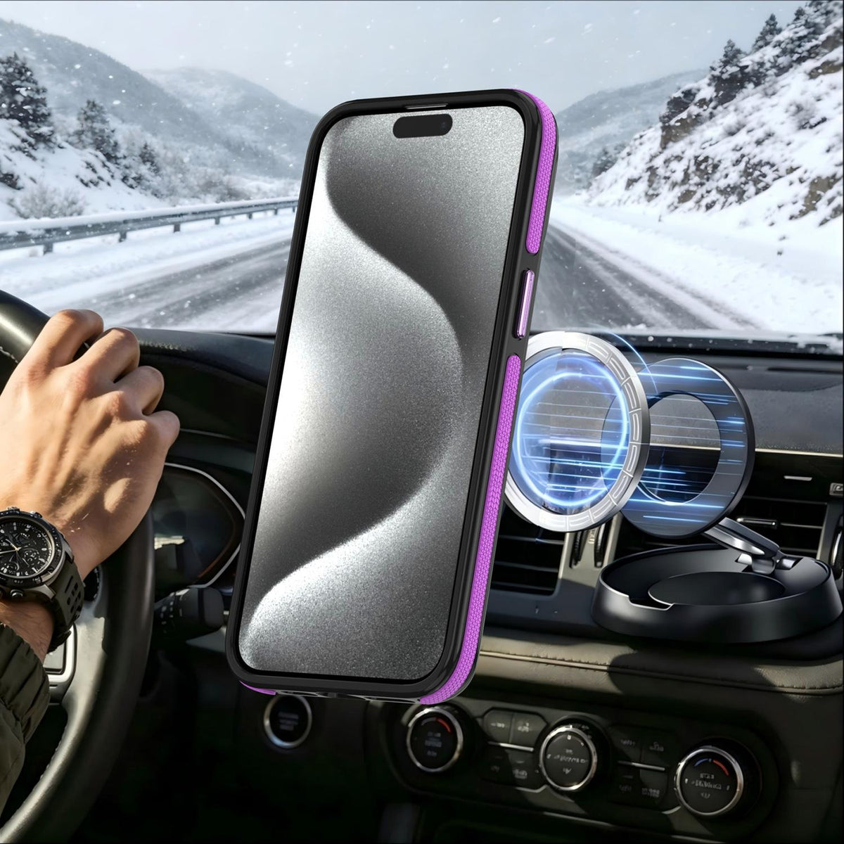 For iPhone 13 Pro Max Dual Color Skin Feel 360 Degree Rotation Holder Magnetic Phone Case - Purple - EDA009691516D