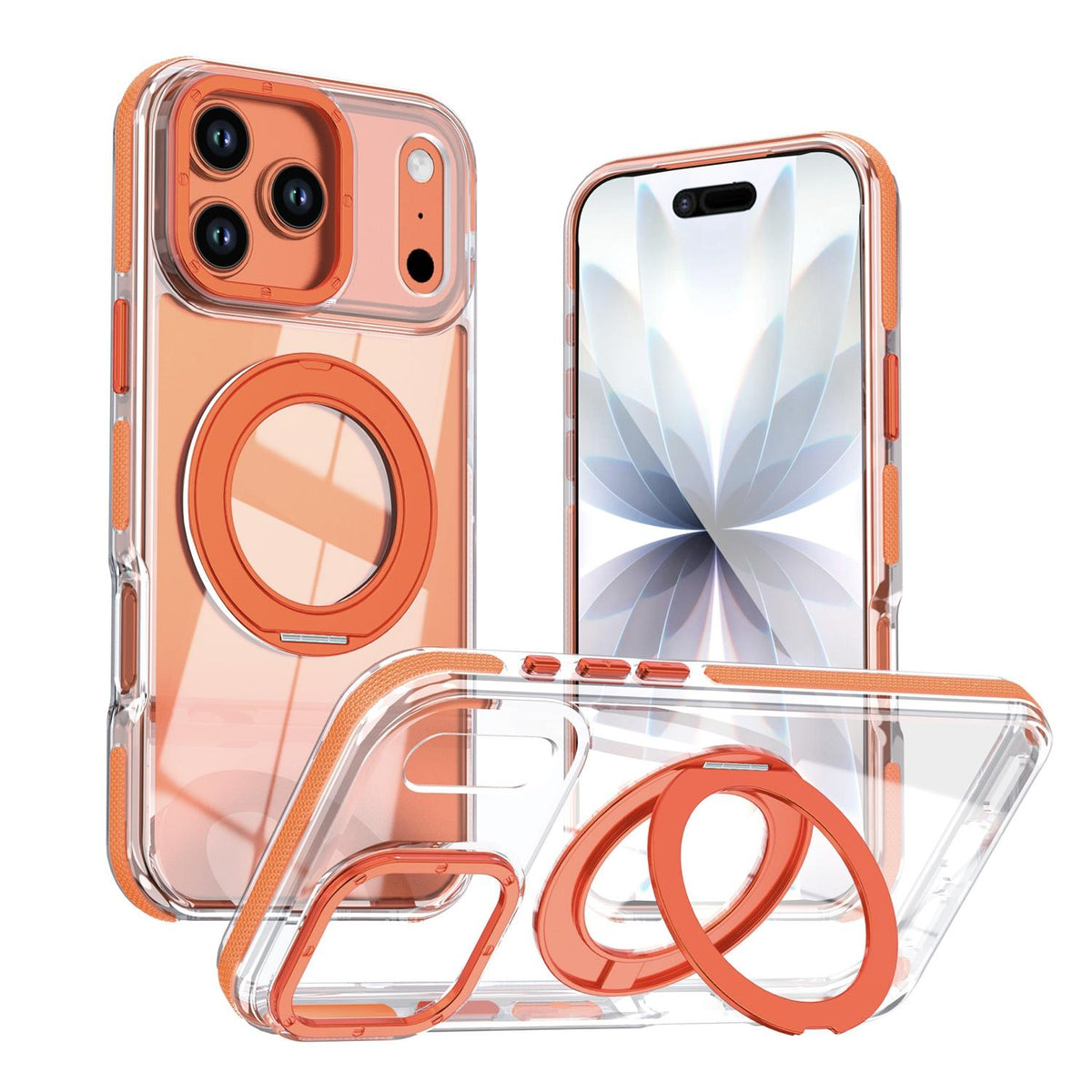 For iPhone 17 Pro Max Dual Color Clear 360 Degree Rotation Holder Magnetic Phone Case - Orange - EDA009691602B